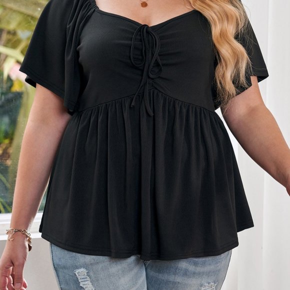 Black Plus Size Ruched Front Babydoll Top - Picture 11 of 16